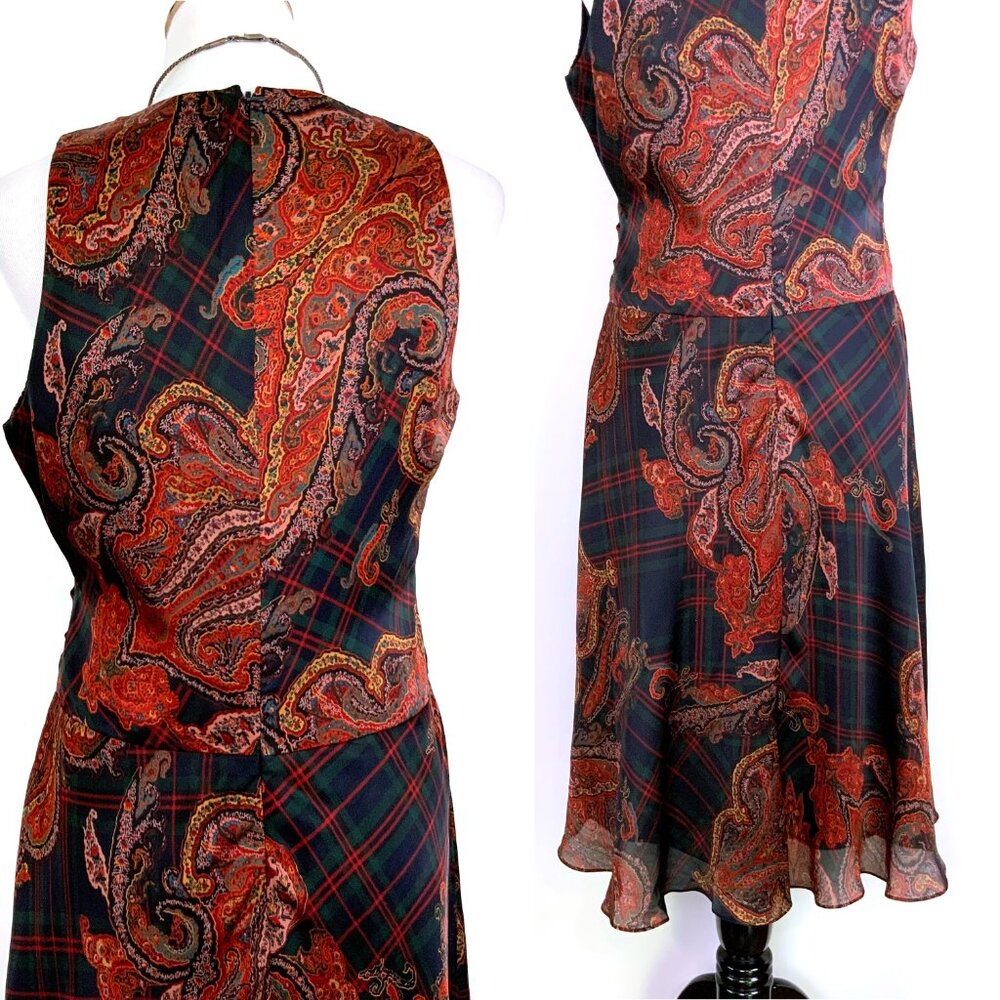 LAUREN Ralph Lauren  Silk Paisley and Plaid Faux Wrap Dress Size 10 - Picture 5 of 16